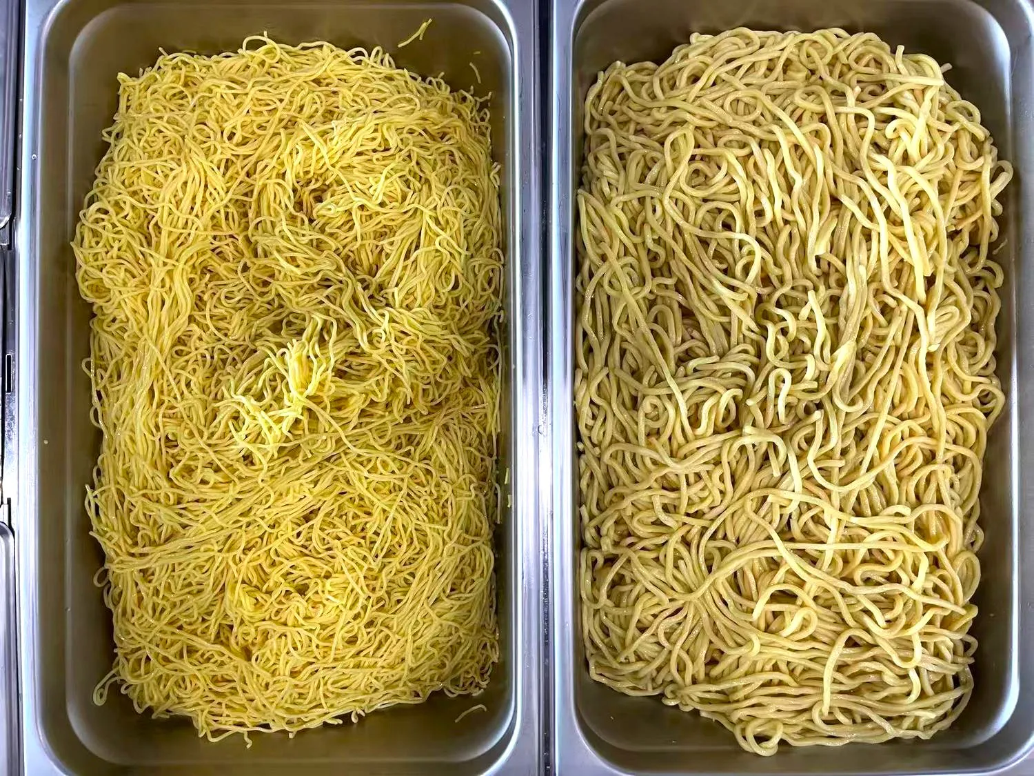 Two types of noodles: yellow egg noodles and thick lo mein at Otasty Mongolian BBQ Restaurant in Citrus Heights